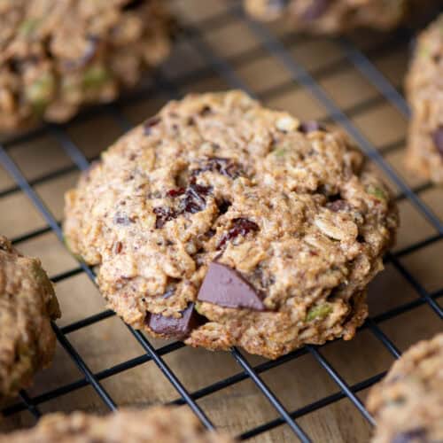 Close up of an oatmeal breakfast cookie on a wire rack